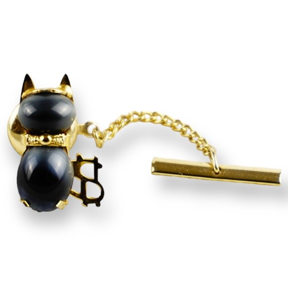 HOB & Co Cat Jelly Belly Cabochon Tie Tack Gray/Black Tiger Eye Like Gold Tone - Picture 1 of 11